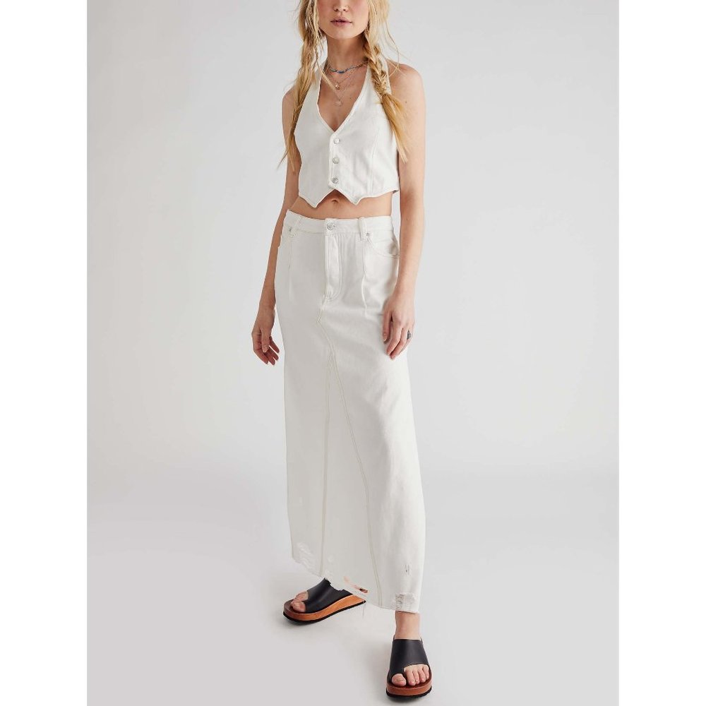 Free People Head Honcho Vest Set / King Pin denim maxi skirt in white
